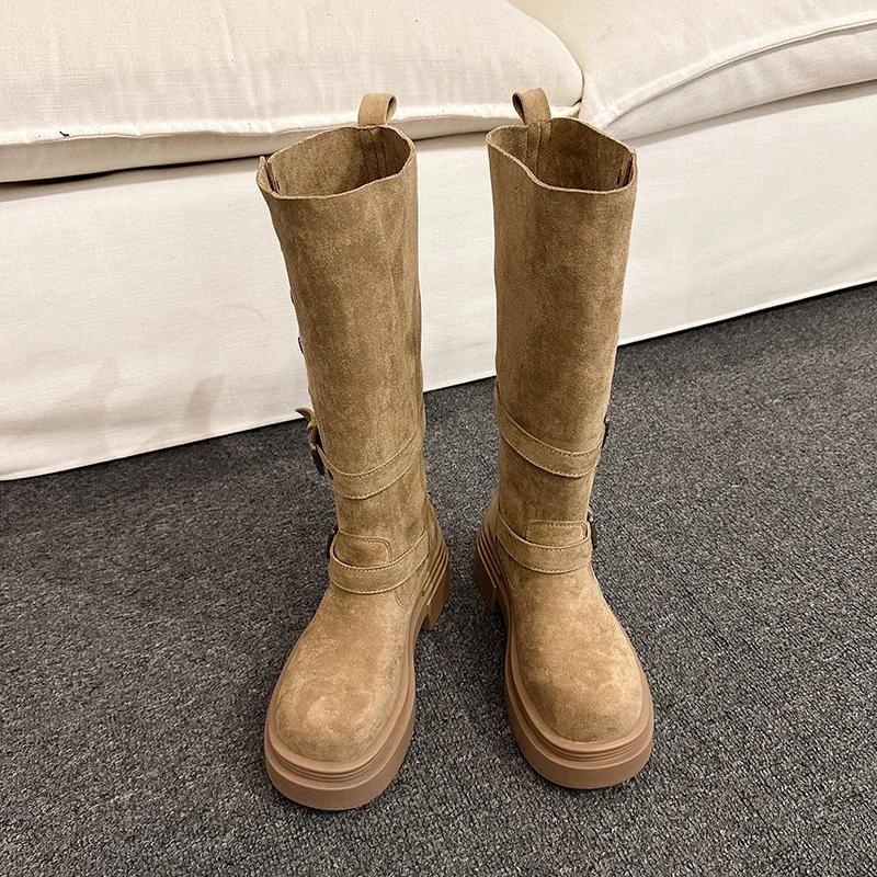 Винтажные женские полусапоги Knight, модные слипоны, длинные ботильоны, осень-зима, толстый каблук, женская обувь