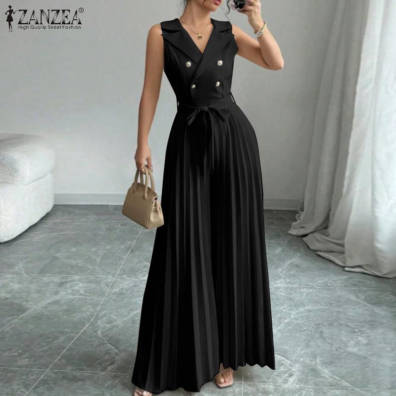 ZANZEA Женские летние длинные комбинезоны с зазубренными лацканами без рукавов с широкими штанинами