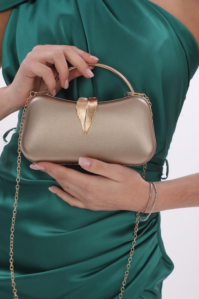 Women's Stylish and Useful Evening Dress Bag Gold Color Bream Material Leaf Accessory Hand and Strap Evening Dress Portfolio Clutch Evening Bag