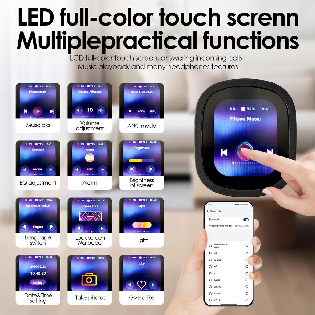 Гибридные наушники Siindoo с активным шумоподавлением, сенсорным экраном, беспроводные полноразмерные наушники Bluetooth, несколько эквалайзеров для домашнего офиса и путешествий