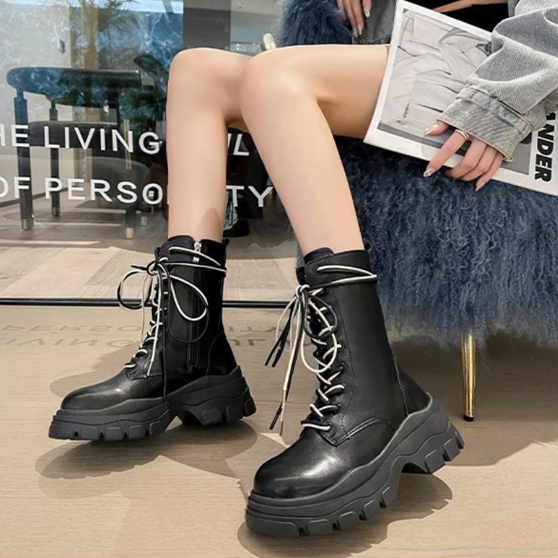 Модные сапоги средней длины в европейском и американском стиле, новые осенние сапоги 2024 года, цветные, со шнуровкой, на толстой подошве, женские сапоги средней длины Zapatos