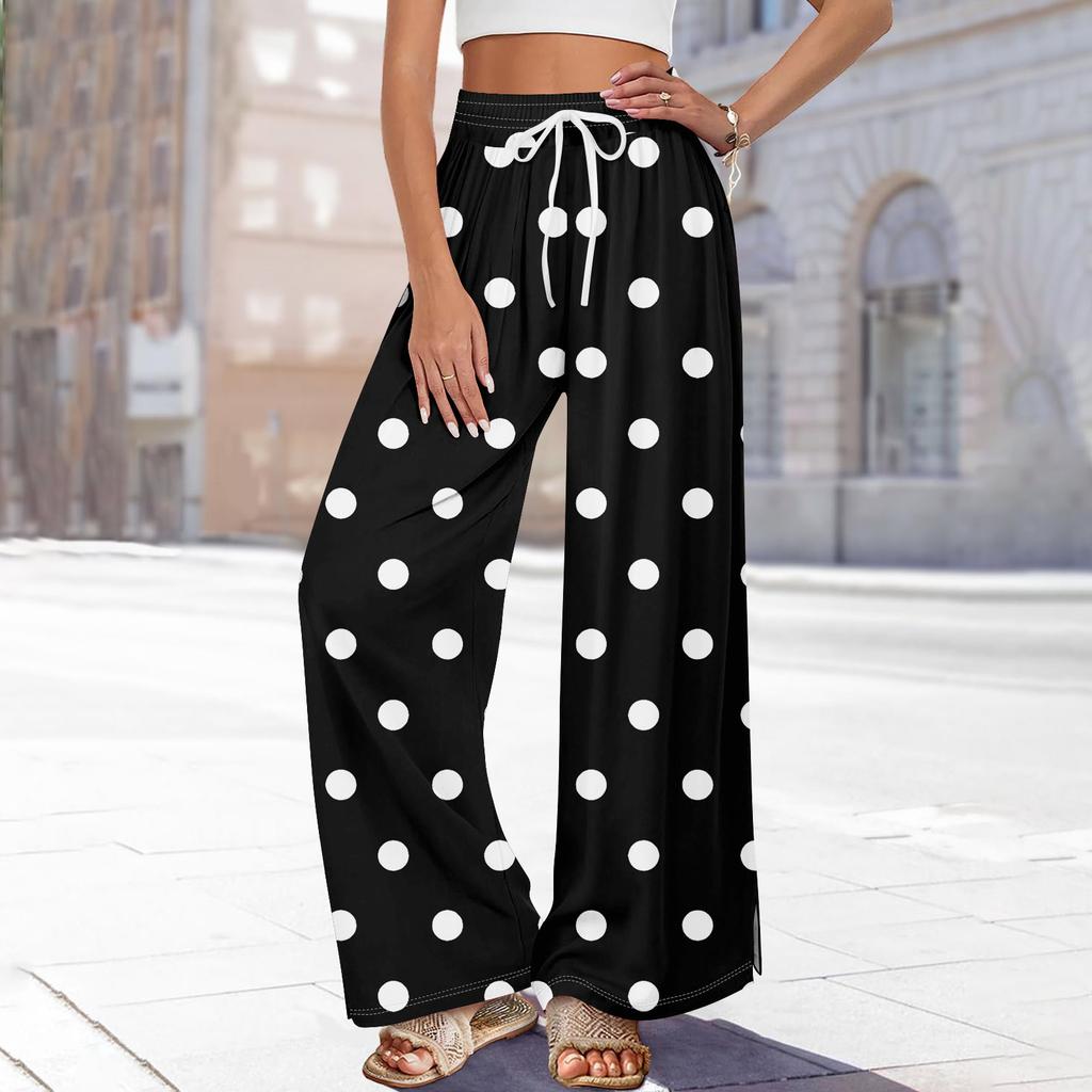 Women Summer Boho Palazzo Pants High Waist Wide Leg Rinting Casual Trousers With Pockets