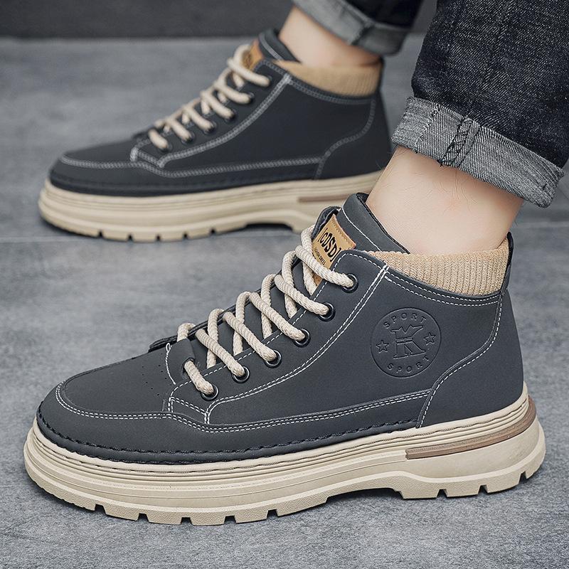 New Spring Outdoor Work Boots Men's Shoes Mid-top Short Boots British Style Leather Shoes Fashion Trendy Casual Shoes