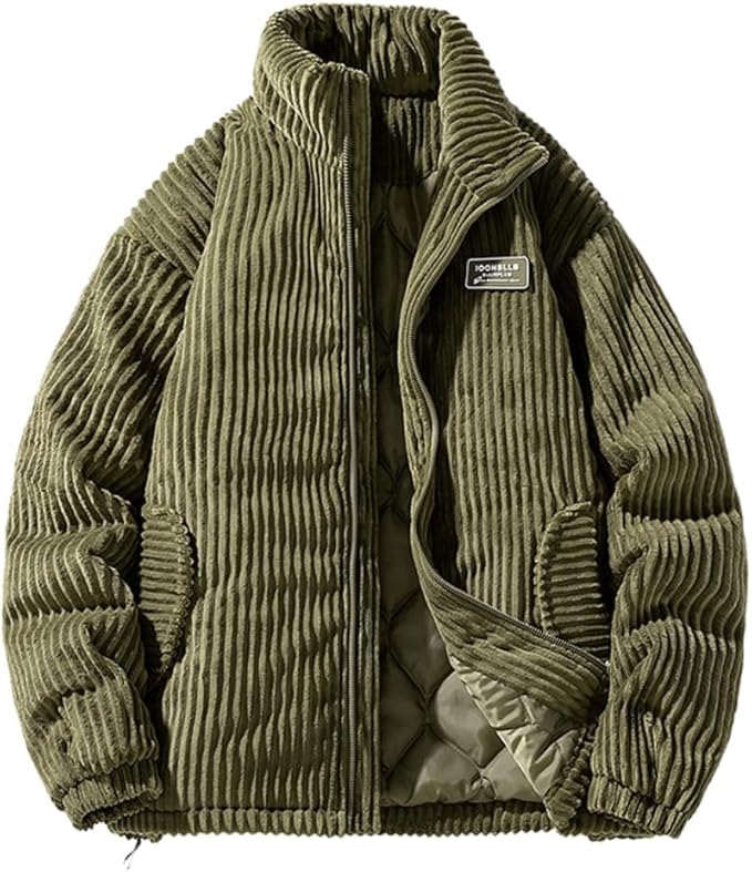 Poperdision Winter Corduroy Plus Loose Solid Stylish Outerwear for and Simple Fashionable Army Green Men's Jacket, Size, Fit, Color, Padded, Thick,