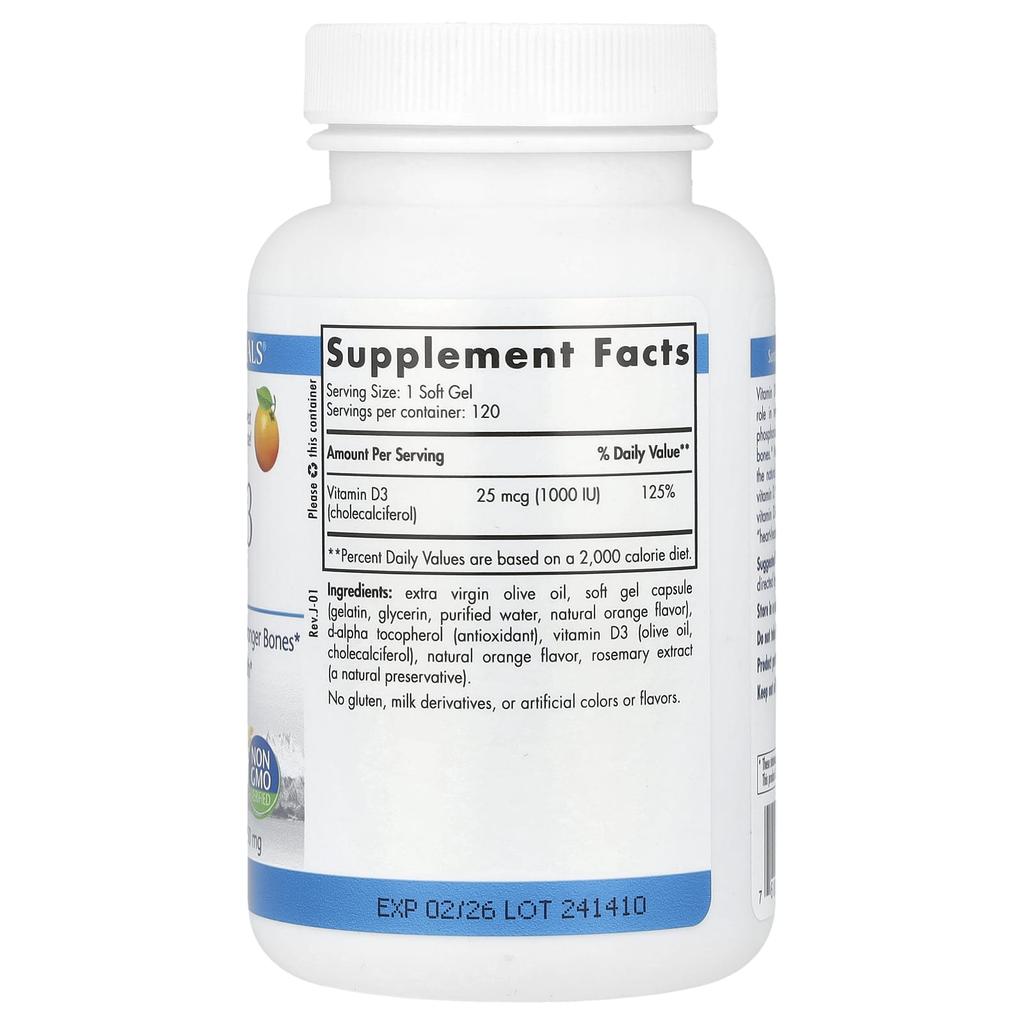 Vitamin D3, Orange, 25Mcg (1,000Iu), 120 Softgels