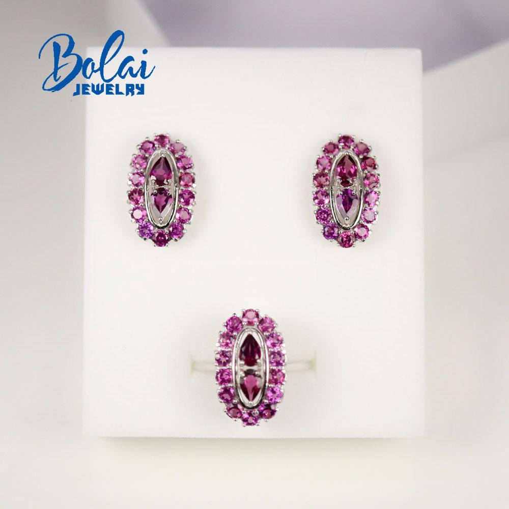 Bolaijewelry 925 Sterling Silver Fashion Natural Rhodolite Ring and Earring Set,for Anniversary, Party Wear Fine Jewelry