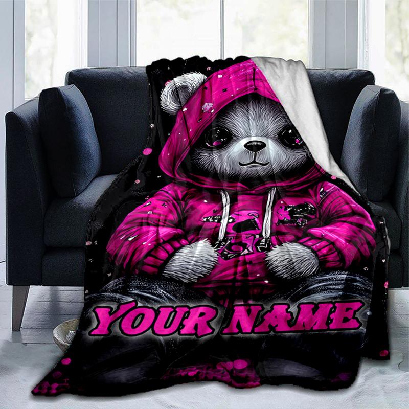 1PC Custom Name Panda Pink Hoodie blanket versatile,all-season throw suitable for the living room,bedroom,camping,travel,and gift