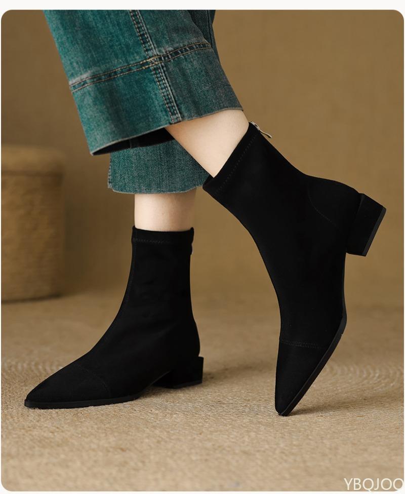 Ретро пэчворк эластичная обувь женская осень зима модная универсальная толстый высокий каблук короткие ботинки удобные носки ботинки