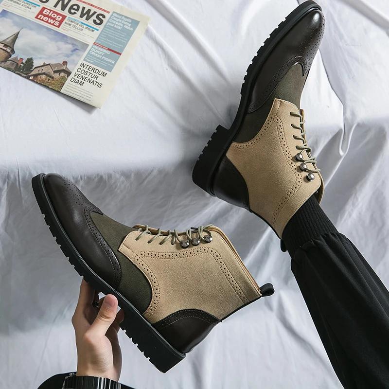 Модные Новые Ботинки Мужские На Блочном Каблуке С Квадратным Носком На Шнуровке Короткие Ботинки Смешанного Цвета Ручной Работы Мужские Ботинки Botas De Hombre