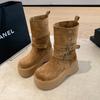 Fashion Shoes for Women 6.5CM Platform Modern Boots Belt Buckle Punk Shoes 2025 Female Suede Leather Motorcycle Boots Mid-Calf Boots