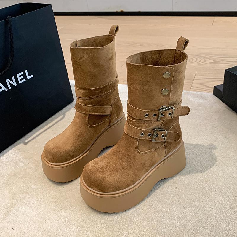 Fashion Shoes for Women 6.5CM Platform Modern Boots Belt Buckle Punk Shoes 2025 Female Suede Leather Motorcycle Boots Mid-Calf Boots