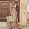 Boho Paisley Print Long Dress Women Vintage V Neck Short Sleeve Dresses Ladies Elegant Large Hem Belt Beach Dress Maxi Dress
