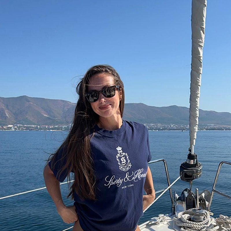 Sporty Small Crown Logo Print American Retro Fashionable Sense Girl Casual Shoulder Sports Short Sleeve T-shirt