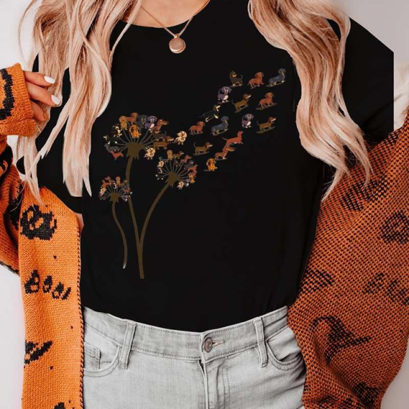 Забавная женская футболка с одуванчиком и таксой, одежда, кавайные женские футболки с мультяшным рисунком, футболка с короткими рукавами, женская футболка, топы