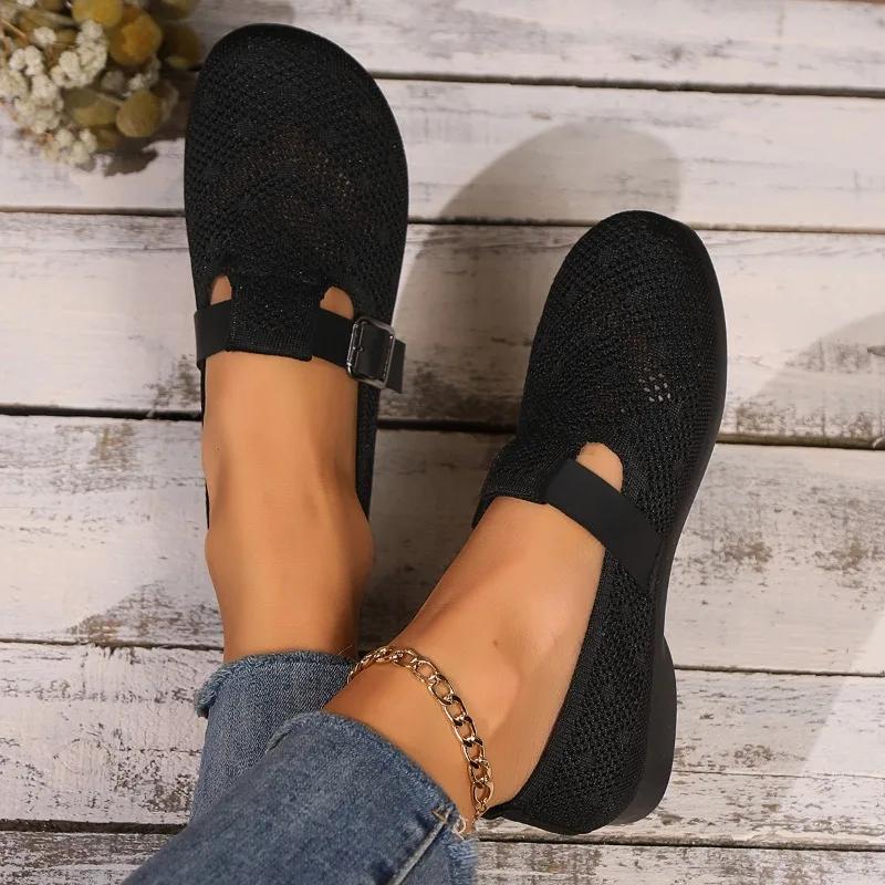 2024 Новые высококачественные женские туфли, модные, с круглым носком, однотонные, с пряжкой, сетчатые, дышащие, женские туфли на плоской подошве