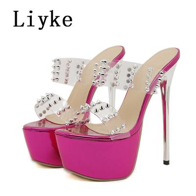 Мода Liyke Модный дизайн Заклепки ПВХ Прозрачная обувь Женские Сексуальные 16СМ Шлепанцы Летние С открытым носком Супер Высокий каблук Платформа Сандалии