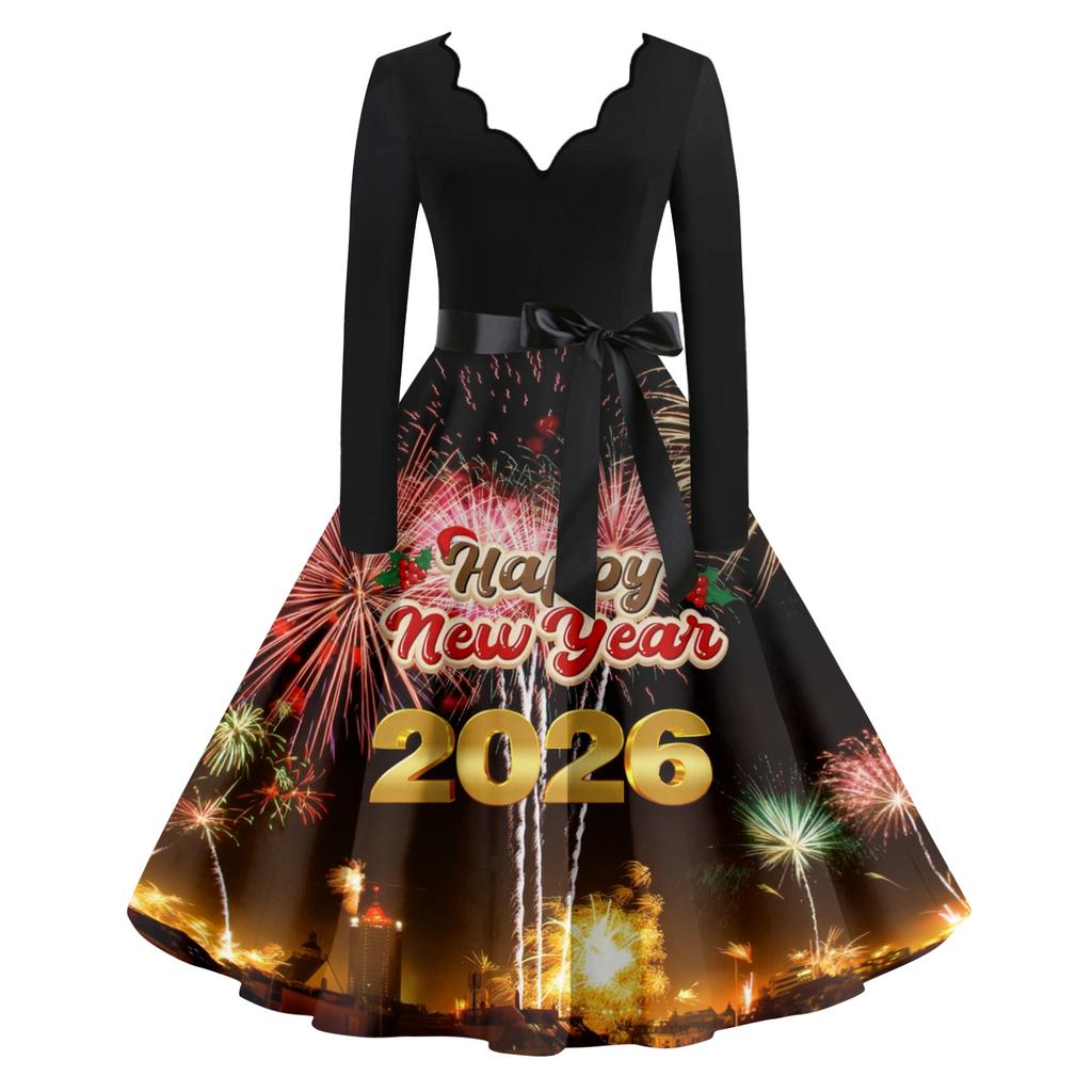 Женское повседневное модное платье винтажного стиля с V-образным вырезом и новогодним принтом