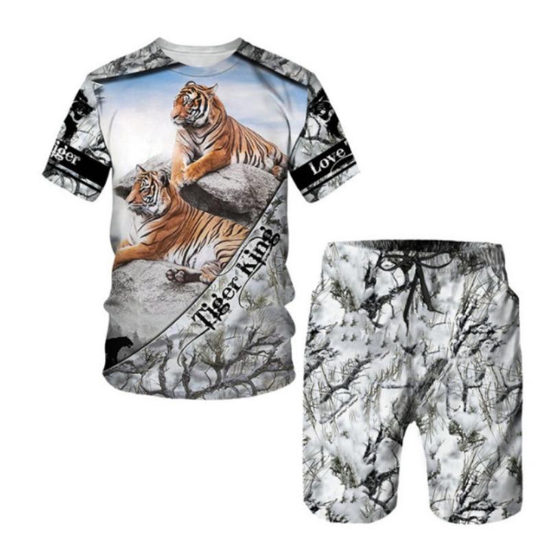 Летние мужские комплекты, шорты, наряды, футболка с коротким рукавом и принтом тигра 3D, повседневный спортивный костюм из двух частей, свободный размер, пляжная спортивная одежда