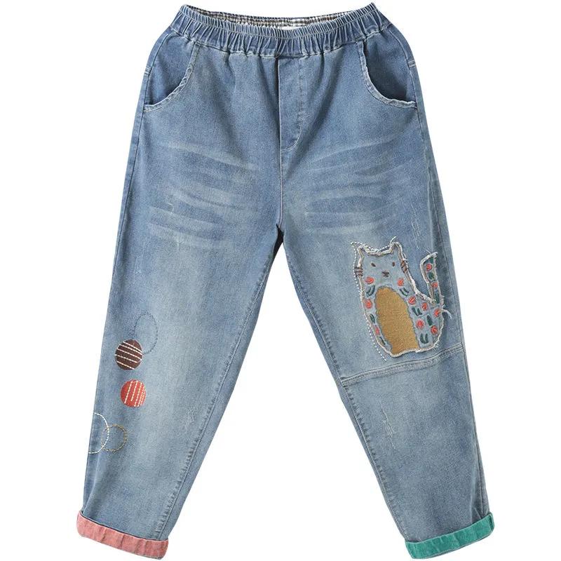 Джинсы женские весна и осень корейская версия большого размера с вышитыми нашивками в виде мяса и мультфильмов в стиле вестерн шаровары с девятью точками