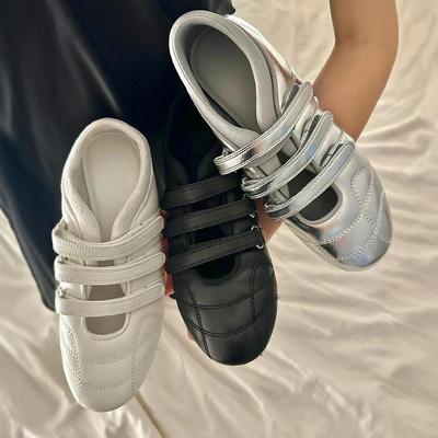 Версия из овчины~ Корейская версия повседневных балеток на липучке с плоской подошвой и круглым носком, кожаная универсальная спортивная обувь, белая обувь женская