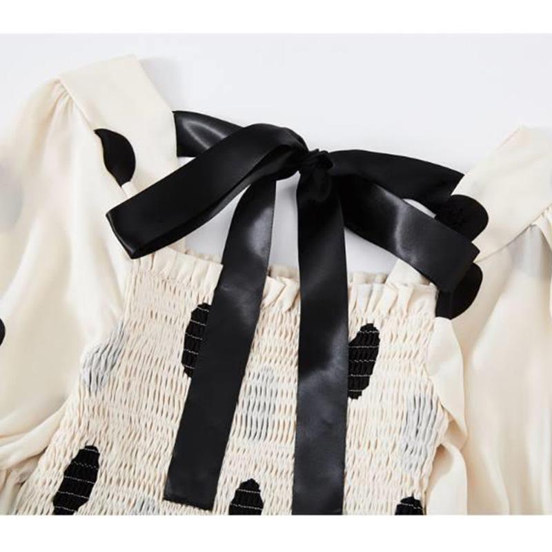 Женское летнее платье в горошекПлатье, прикрывающее живот и стройнящее, для отдыха, в милом консервативном стиле, с вырезом на спине, сказочная юбка, уменьшающее возраст, для поездок на работу