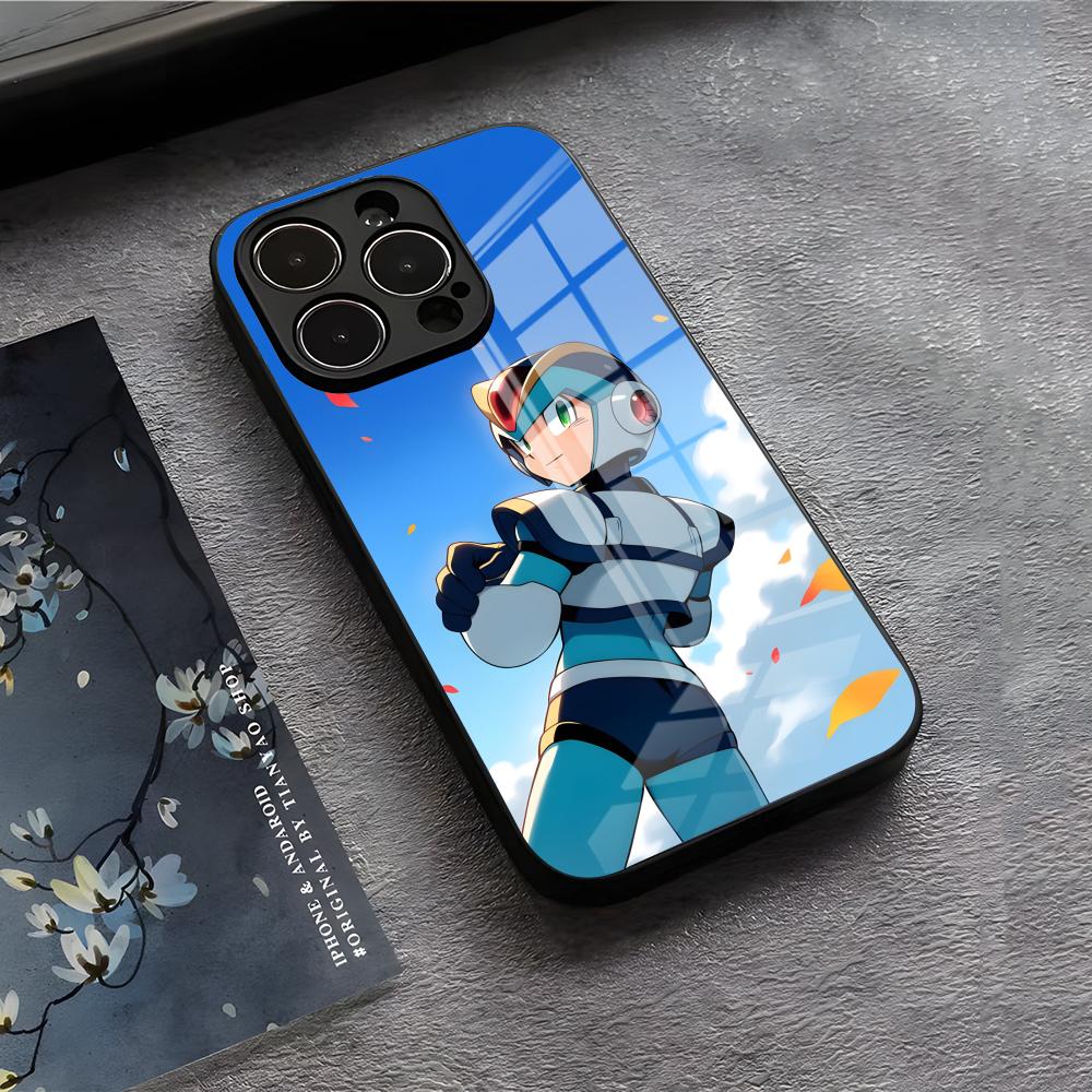 R-Rockman M-Megaman Крутой Чехол Для Телефона Для IPhone 17 Air 16 E Pro Max 15 14 13 Mini 12 Pro 11 Max Plus Черная Стеклянная Крышка