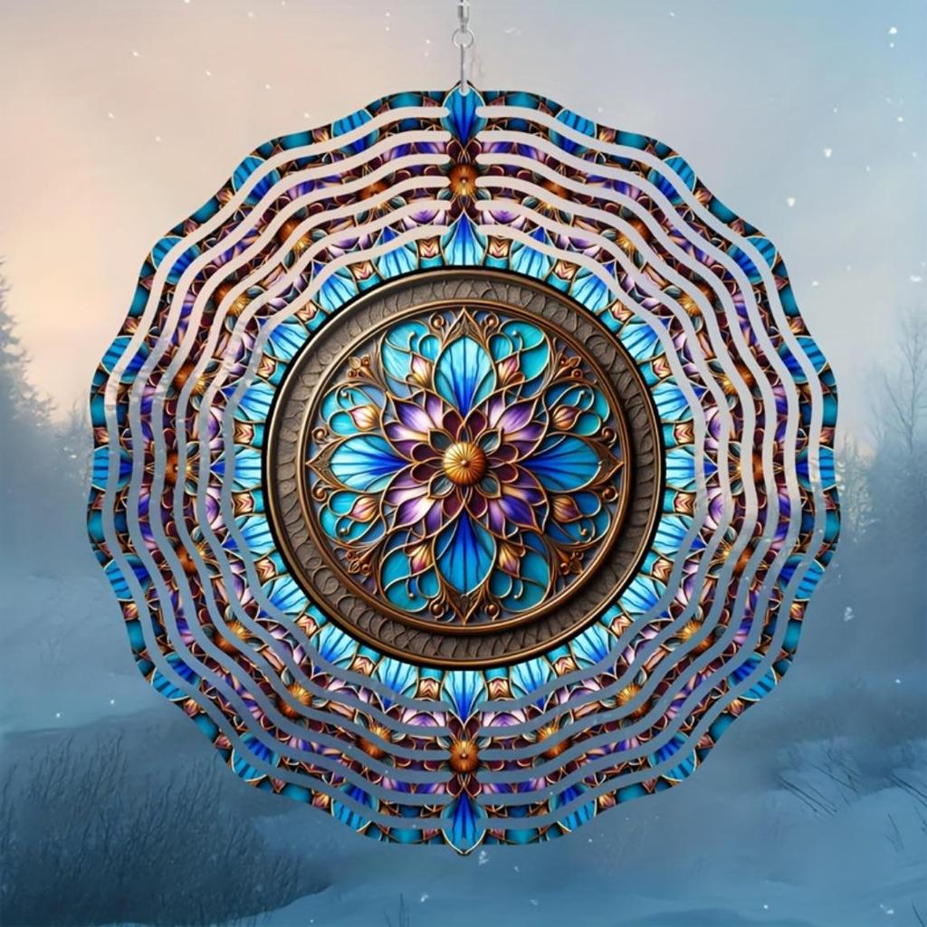 10 Inch Stained Glass Wind Spinner 3D Kinetic Metal Hanging Decor for Garden Yard Indoor Outdoor Blue White Windmill Gift for Women Men