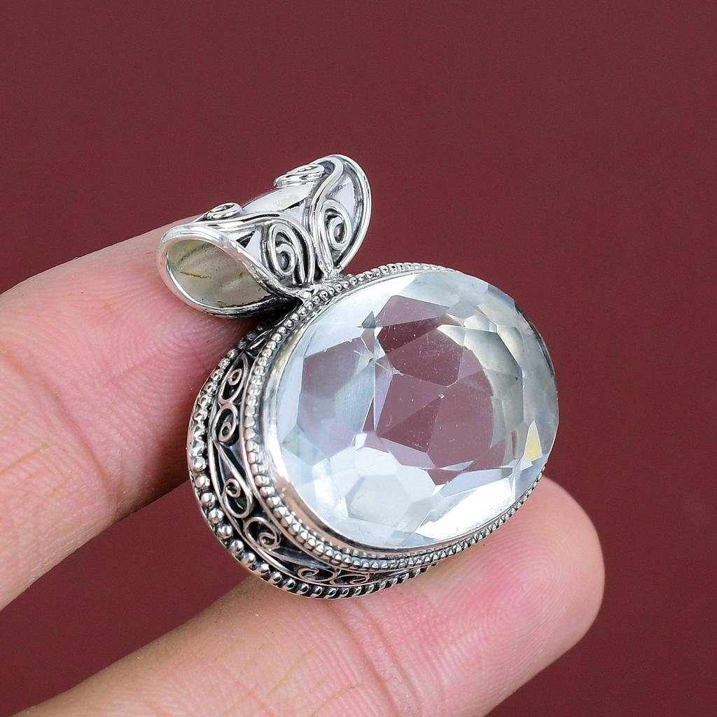 Faceted White Topaz Pendant 925 Sterling Silver Pendant Antique Vintage Pendant White Topaz Gemstone Jewelry Handmade Pendant Wedding Gifts