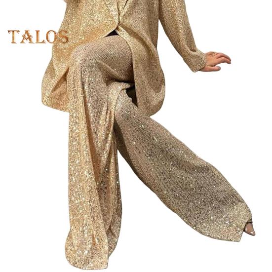 Женская рубашка с пайетками, брюки, лацкан, V-образный вырез, мешковатое пальто с длинным рукавом и средней длиной, широкие брюки большого размера для вечеринок, клубных нарядов знаменитостей