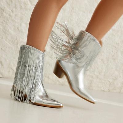 2024 Классические женские ретро однотонные ковбойские сапоги с кисточками, персонализированные короткие женские ботильоны на молнии для вечеринок и музыкальных фестивалей