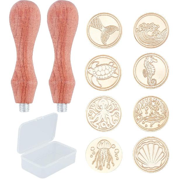 CRASPIRE Ocean Theme Wax Seal Stamp Kit Whale Turtle Shell Sealing Wax Stamp 25mm 8Pcs Removable Brass Heads 1pcs Wood Handles 1 Box for DIY