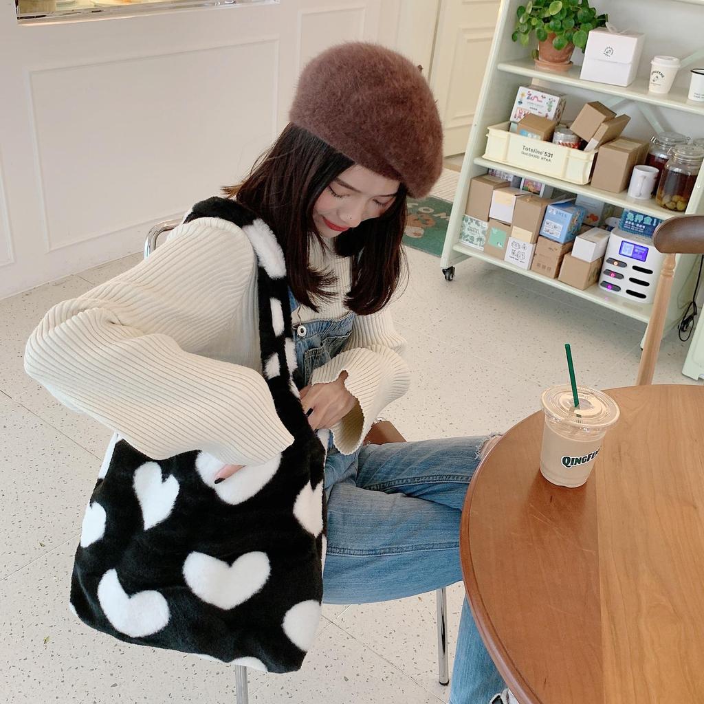 Women Autumn Winter Plush Love One Shoulder High Capacity Tank Top Bag