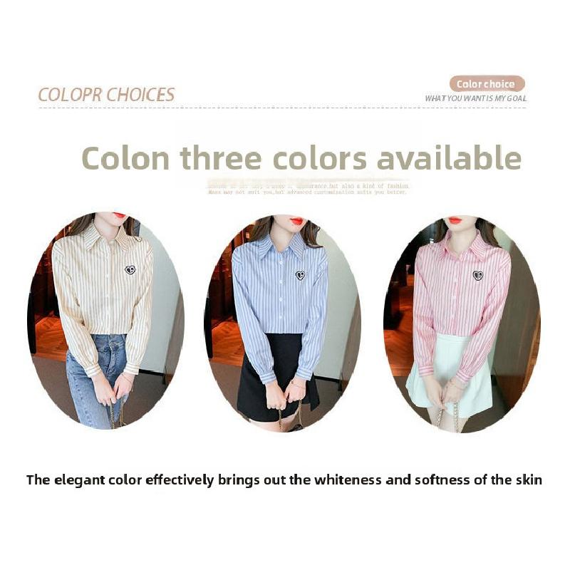 2026 New Women's Embroidered Cotton Shirt, Fashionable and Youthful Striped Long Sleeve Blouse