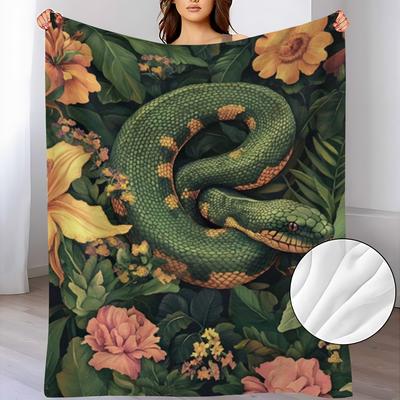 Moroccan Jungle Throw Blanket - Green Snake & Floral Pattern In Emerald, Yellow, Pink, Brown - Soft Flannel All-Season Couch, Bed, Camping Blanket - L