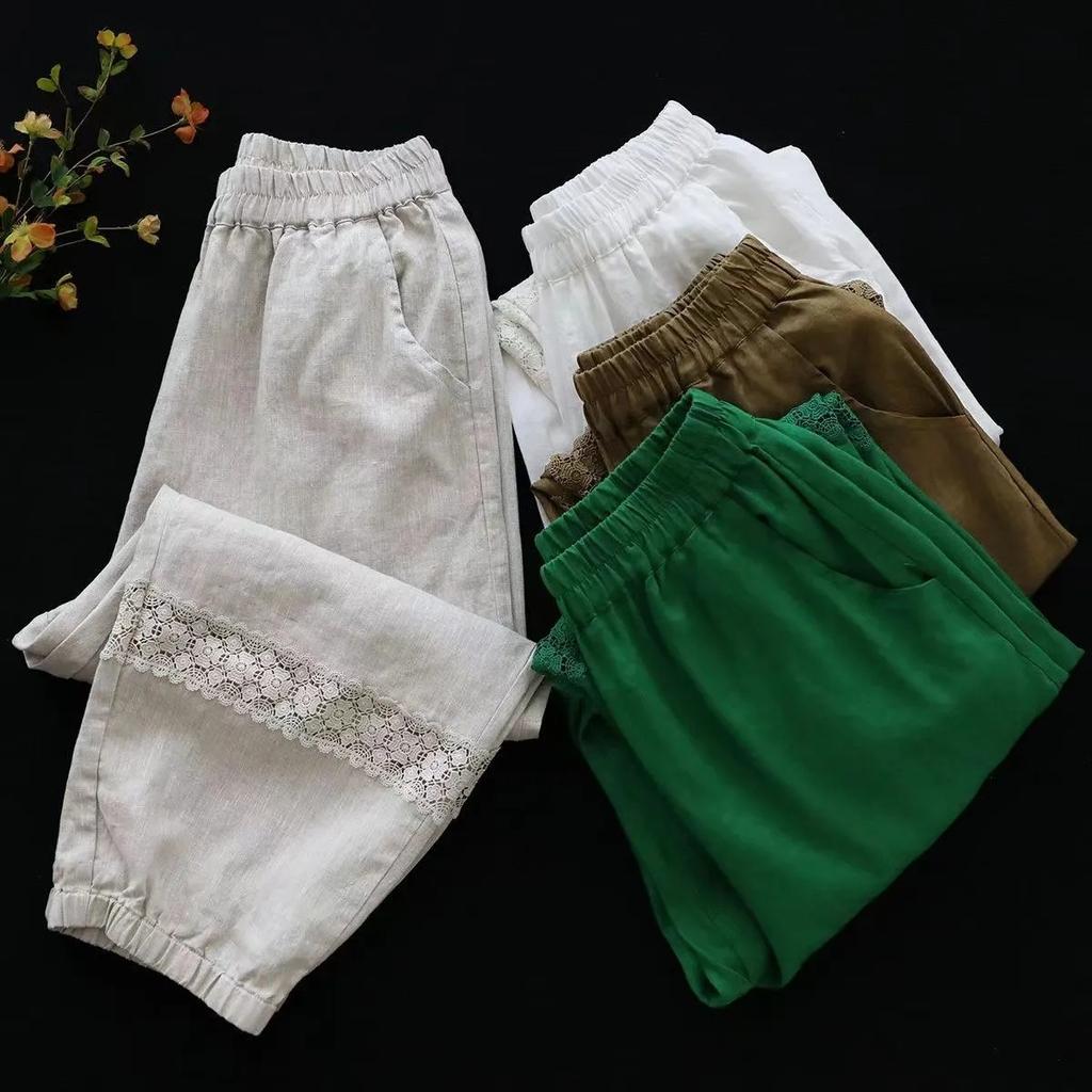 Women's Retro Lace Patchwork Summer Cotton and Linen New Cropped Pants Lantern Pants Design Sense Versatile Pure Cotton Casual Pants