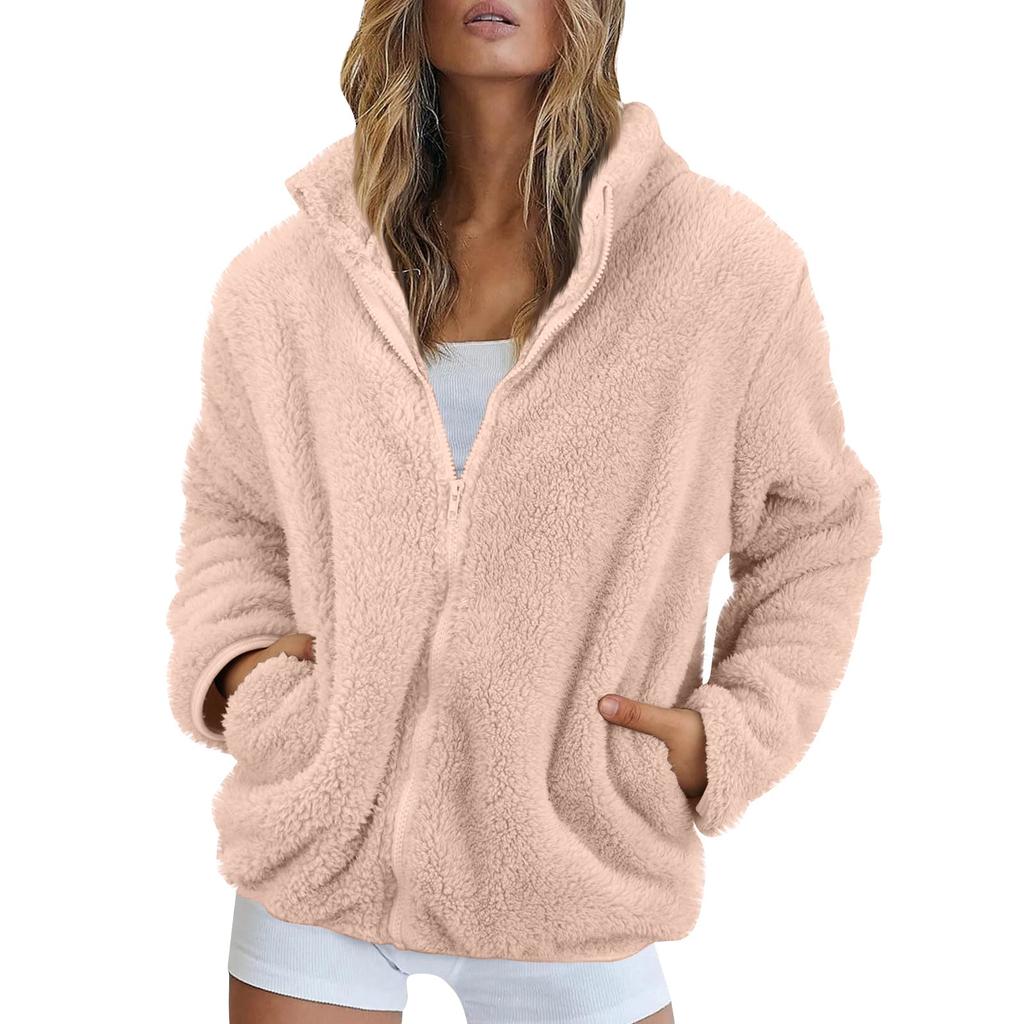 Women's Solid Color Fashionable Winter Loose High Neck Long Fleece Plush Warm Zipper Jacket