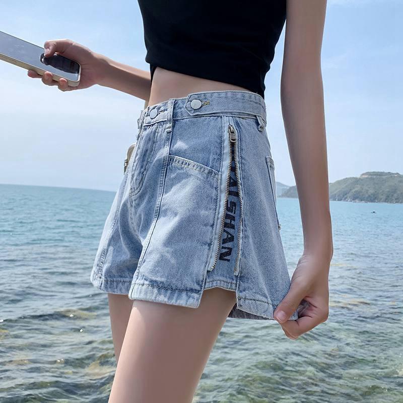 Youthful Comfortable Skinny Fashionable and Versatile Thin Section Denim Shorts Women Summer Side Zipper Straight High Waist A Letter Wide Leg Pants