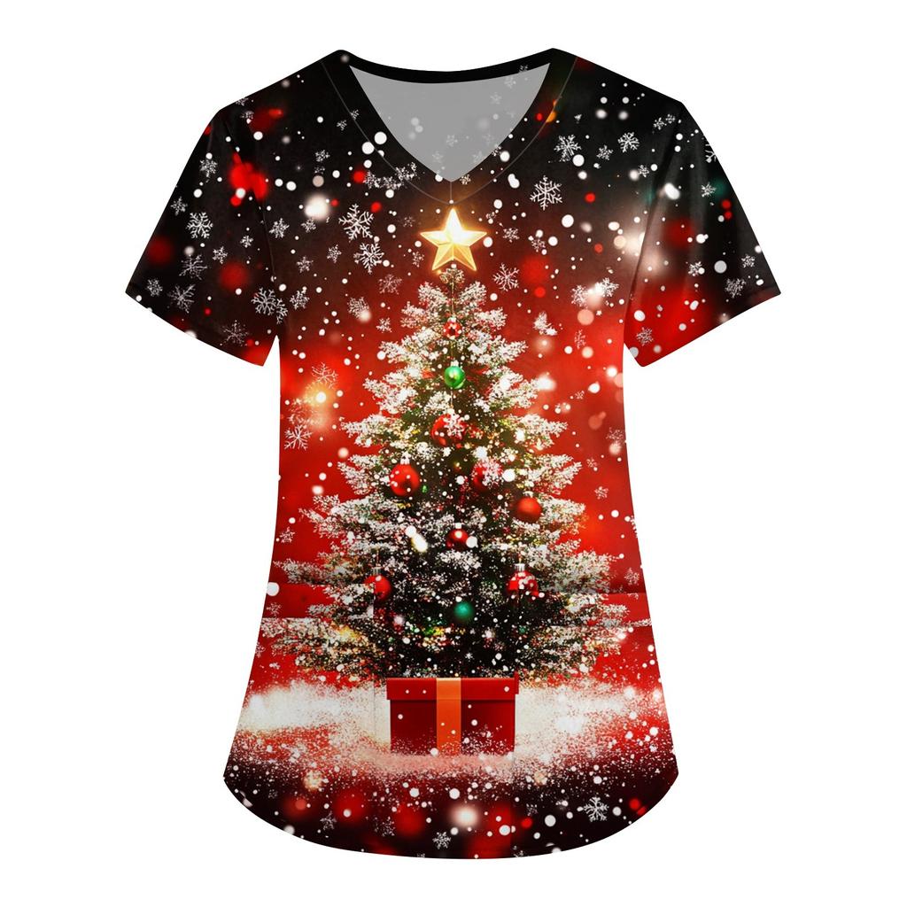 Женская симпатичная рабочая одежда с принтом, V-образным вырезом, двухслойными карманами, базовым коротким рукавом, пуловером на Рождество