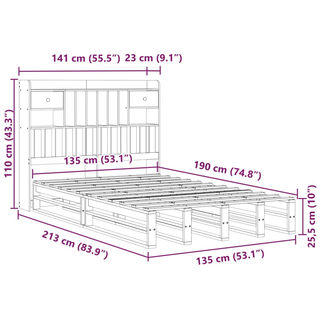 Solid Wood Bed with Shelf Without Mattress White 135x190 cm Pine