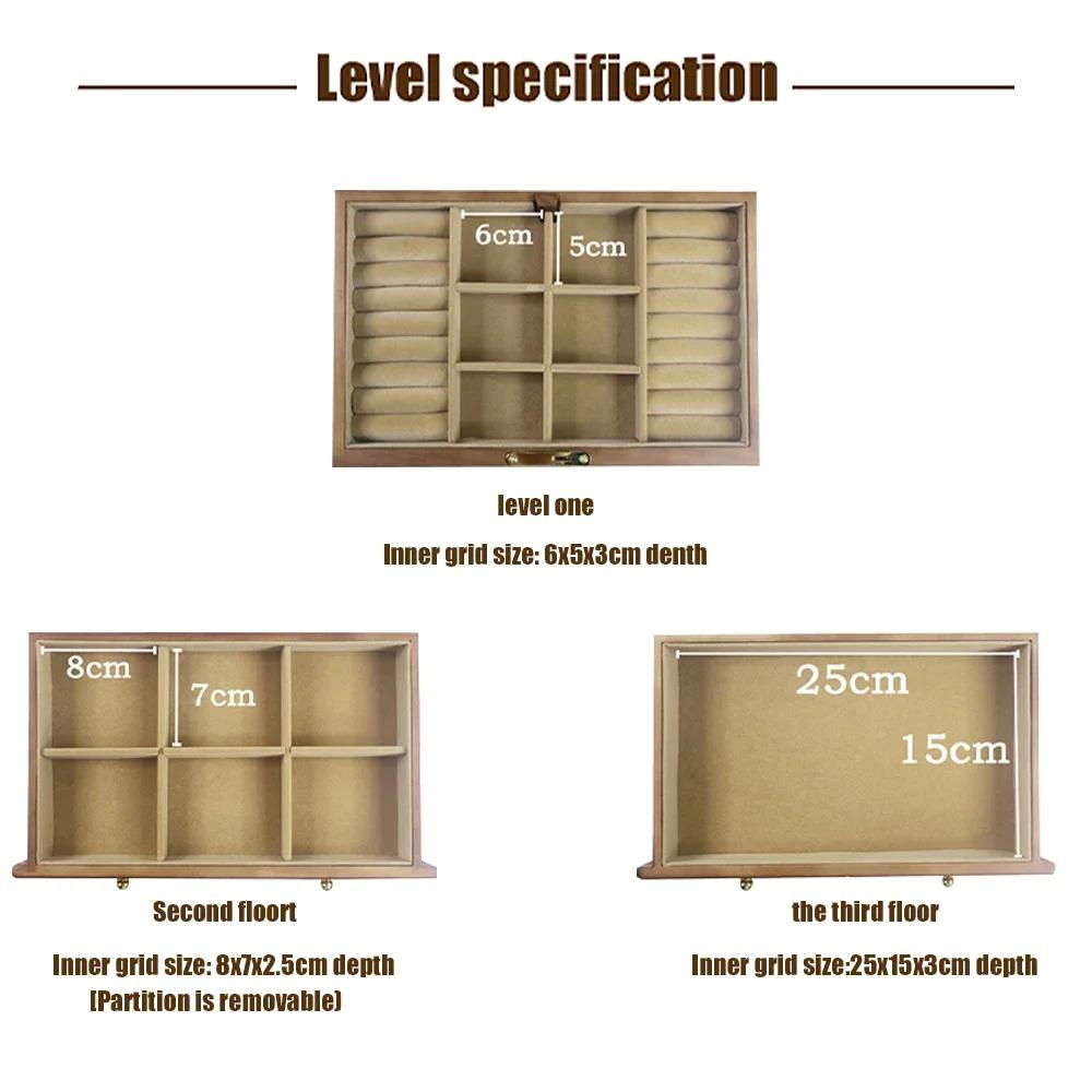 3 слоя твердых деревянных шкатулок для украшений с зеркалом, органайзер для хранения винтажных украшений для браслетов, ожерелий, колец
