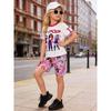 Girls' K-Pop Style Cartoon Print Short-Sleeve Set: White T-Shirt with Pink Trim + All-Over Print Knee-Length Shorts (2-Piece Set