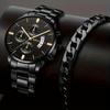 2pcs Fashionable Men's Quartz Watch With Leather Strap Stainless Steel Case With Bracelet For Businnes Man