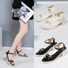 Sandals Women's 2019 Summer New Korean Version Thick Heel Open-toe One-word Buckle Medium Heel Metal Decorative Fashion Sandals