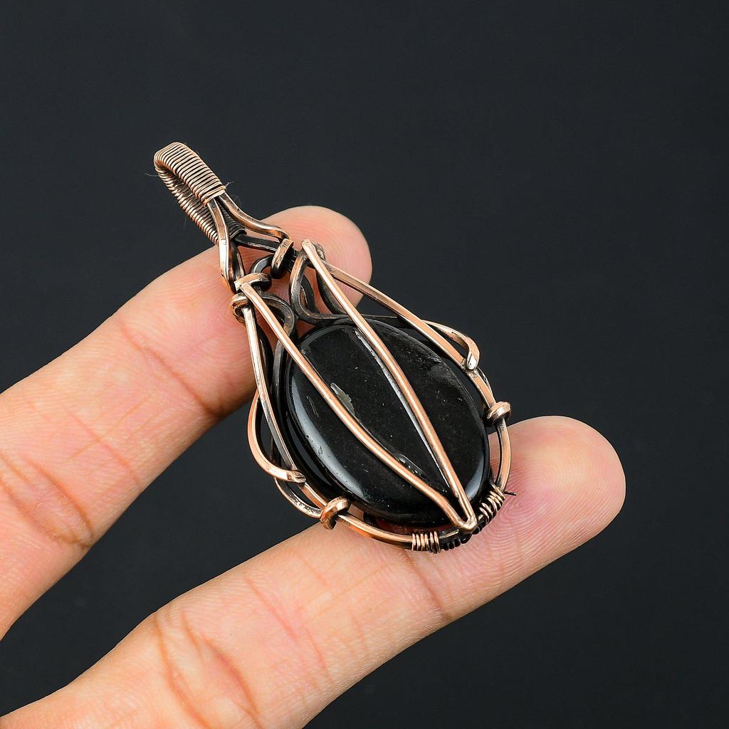 Amazing Black Onyx Gemstone Handmade Pure Copper Wire Wrapped Jewelry Pendant
