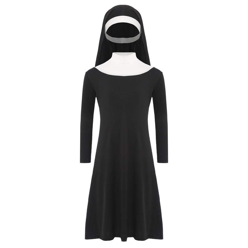 Girls Nun Halloween Costume Long Sleeve Contrast Color Stretch Dress Matching Nun Hat Accessory Set