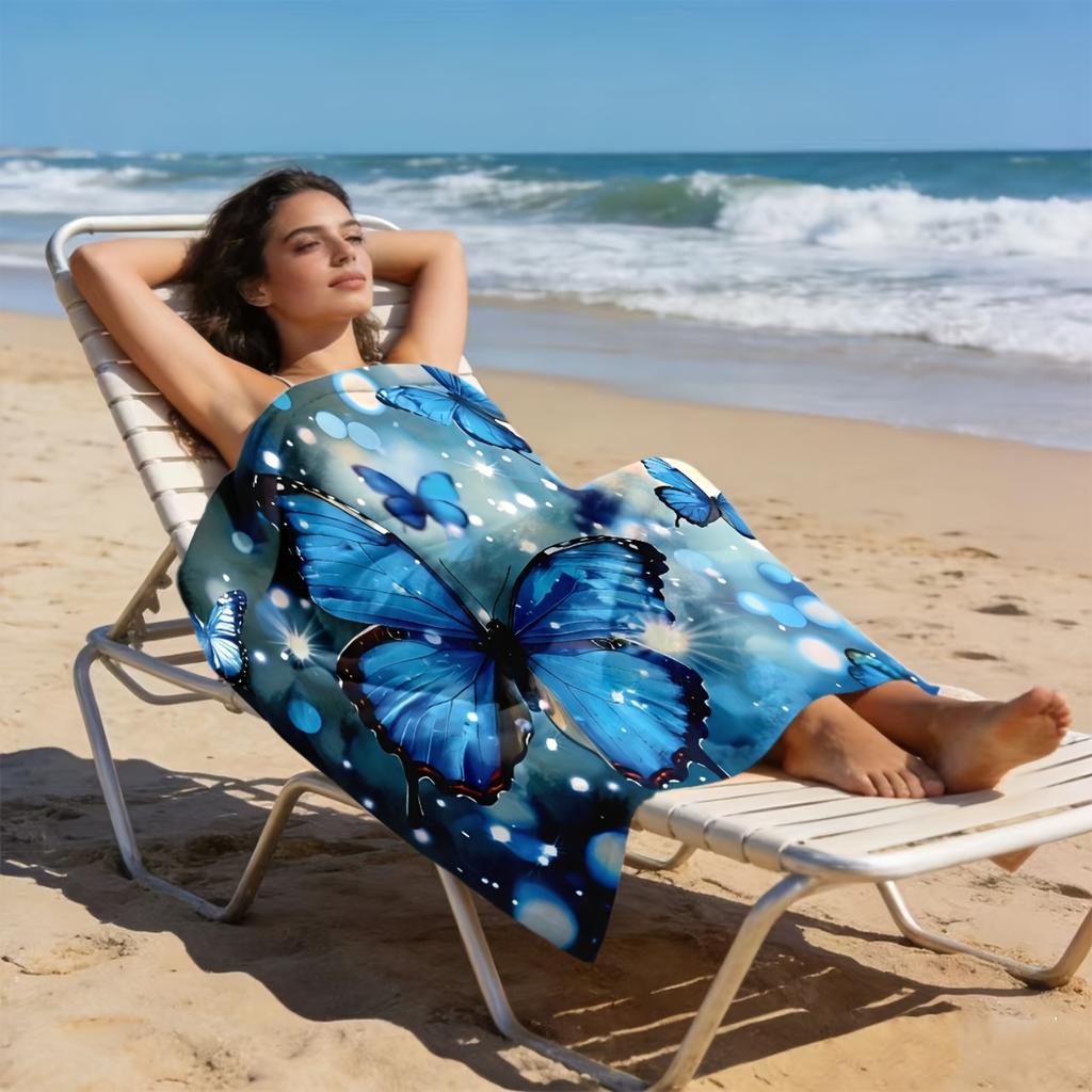 Magical Blue Butterfly 2D Flat Printed Microfiber Beach Towel Waterproof Sandproof Summer Pool Vacation Bath Blanket