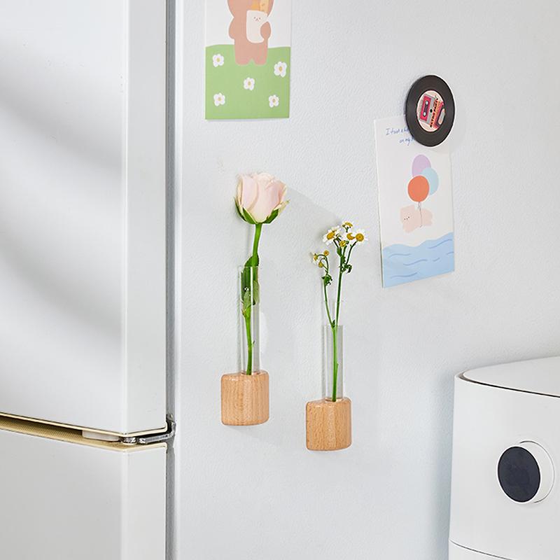 Оригинальная мини-магнитная ваза, милый стиль, массив дерева, стеклянная пробирка, ваза для цветочной композиции, декор-магнит на холодильник, вазы для цветов