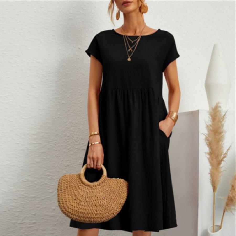 Модное женское свободное хлопковое льняное летнее платье с коротким рукавом и круглым вырезом