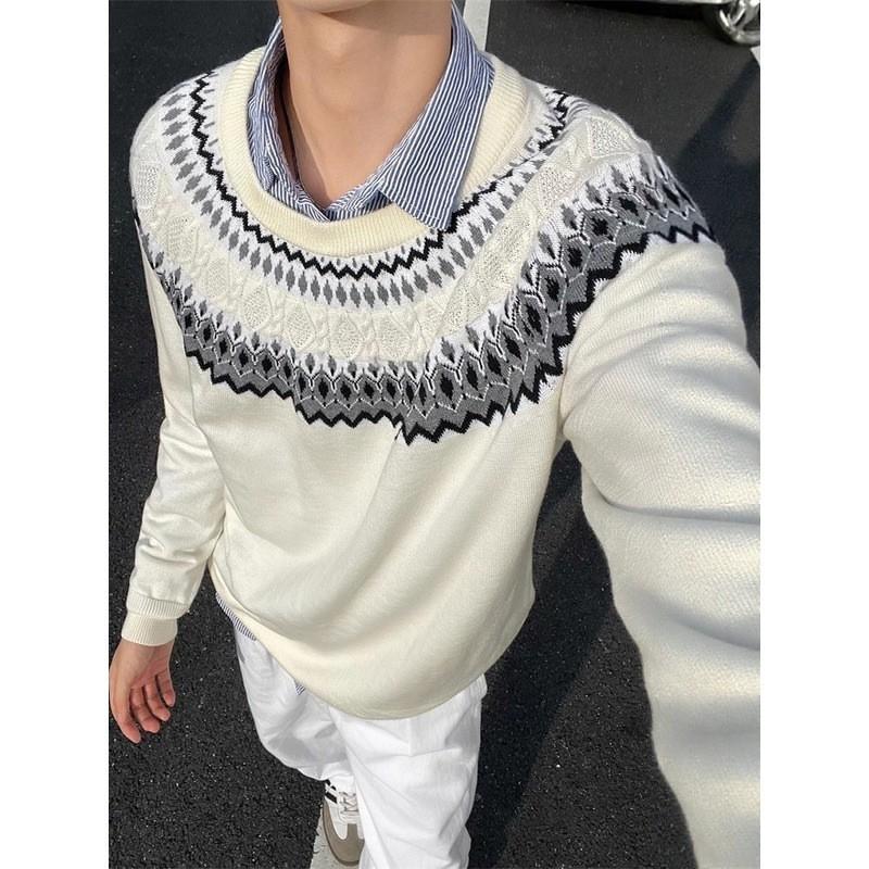 Унисекс Ретро Свитер Крупной Вязки Fair Isle С Круглым Вырезом Свободного Кроя Для Повседневной Носки Зимний Пуловер