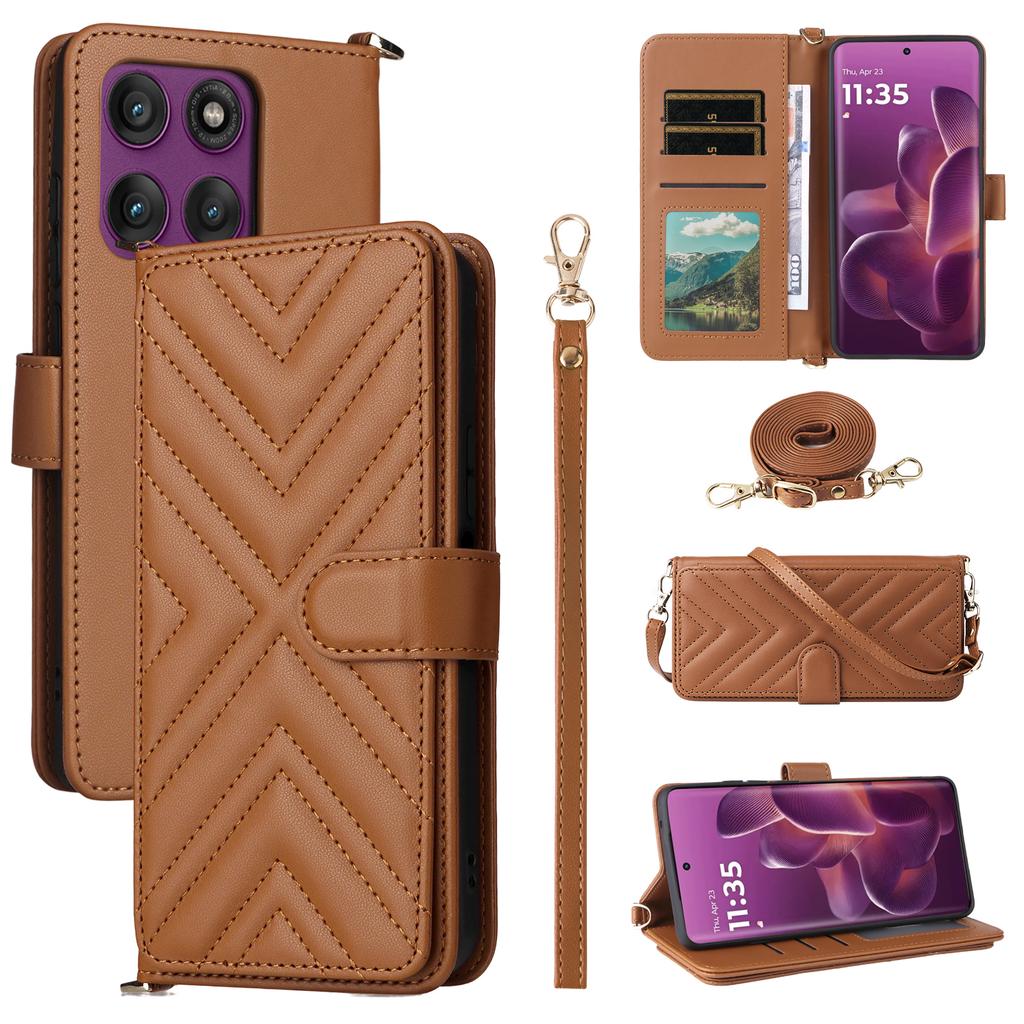For Motorola Edge 60 Pro 5G Case with Shoulder/Wrist Strap Leather Phone Cover Stand Wallet